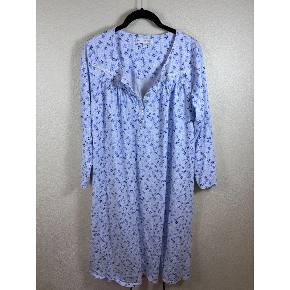 Eileen West Nightgown Womens S Blue Floral Long Sleeve Cotton Knit Romantic
